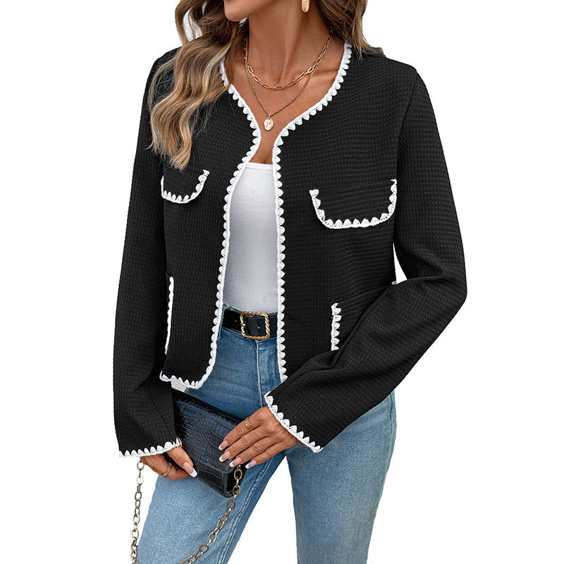 Loose trimmed V-neck color blocked jacket - La Charlottes