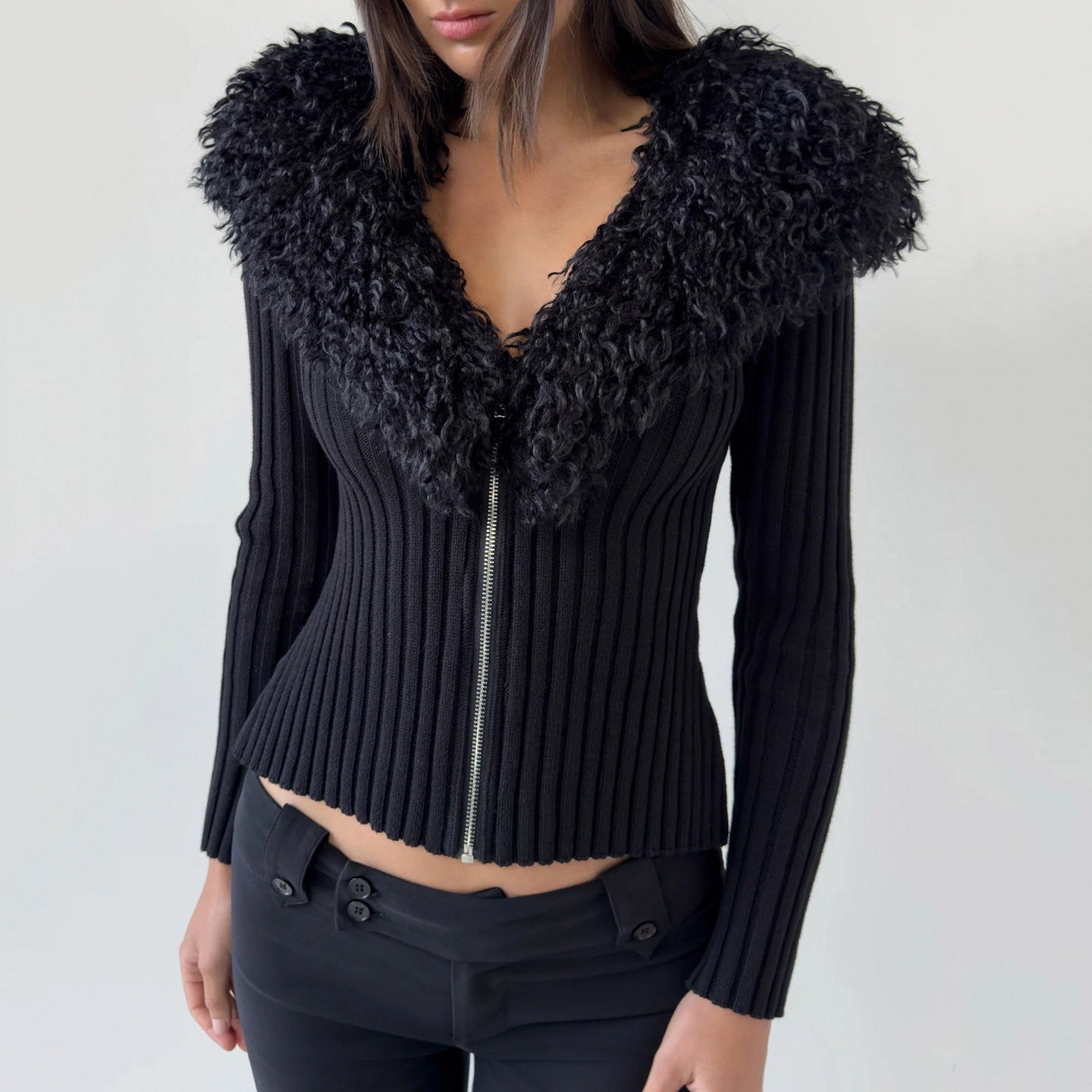 Zipper V-Neck Fur Collar Sweater Jacket