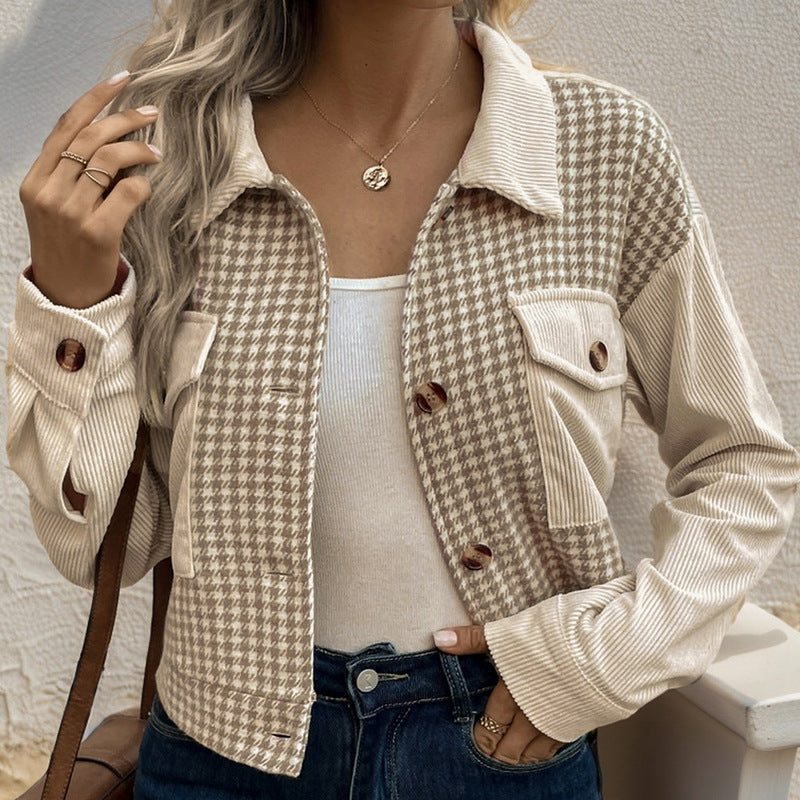 Flip Collar Short Corduroy Patchwork Houndstooth Jacket