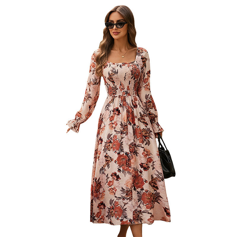 Vintage Square Neck Printed Long Skirt Dress