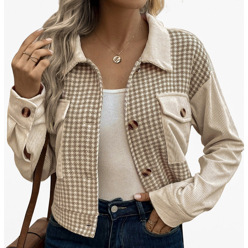 Flip Collar Short Corduroy Patchwork Houndstooth Jacket