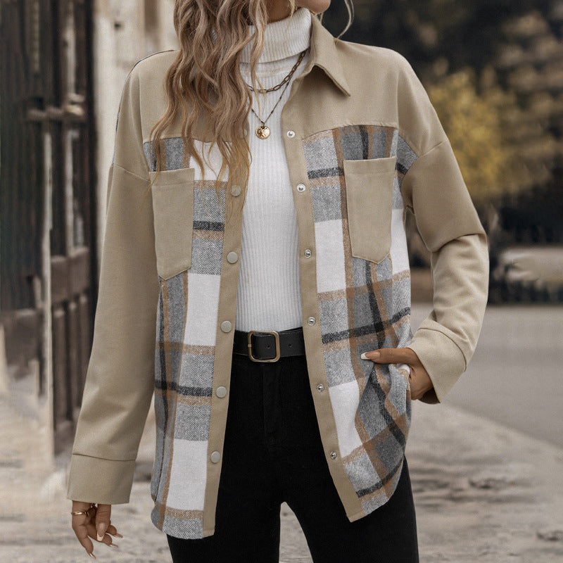 Collar Pocket Checkered Shirt-Style Khaki Jacket