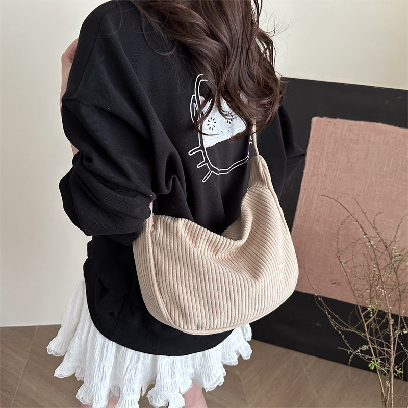 Romantic Crescent Shoulder Bag – Large Capacity Japanese Style Corduroy Minimalist Tote for Women