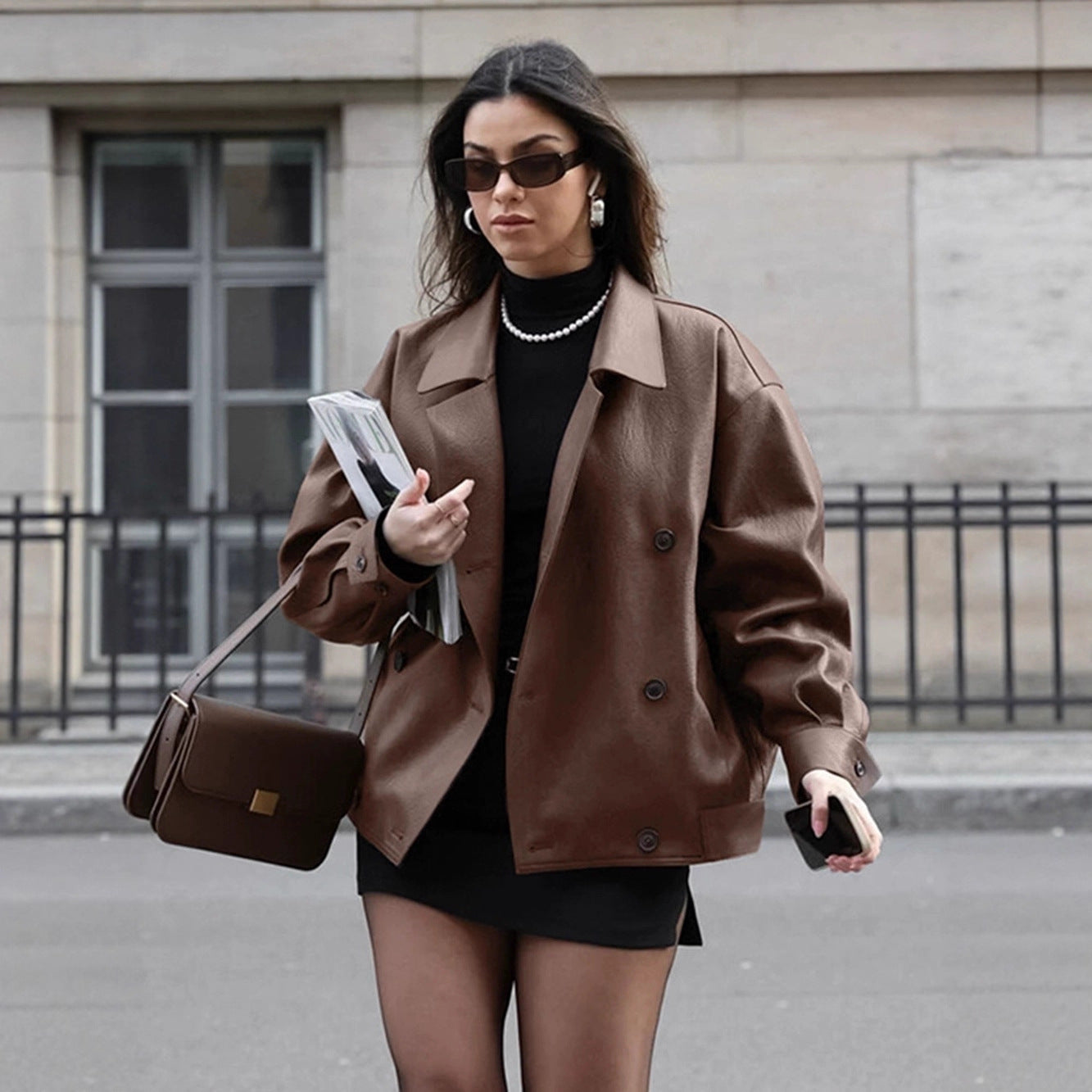 Loose Suit Collar Leather Mid-Length Jacket