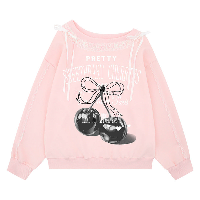 Print Pink Wide Collar Sweatshirt Loose Student Autumn Shirt