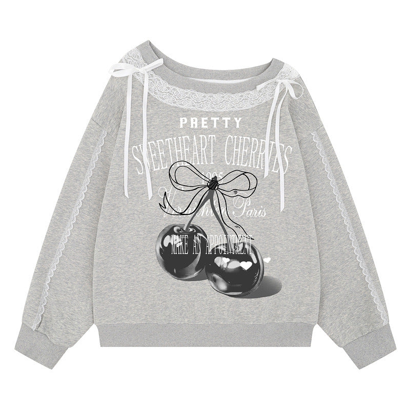 Print Pink Wide Collar Sweatshirt Loose Student Autumn Shirt