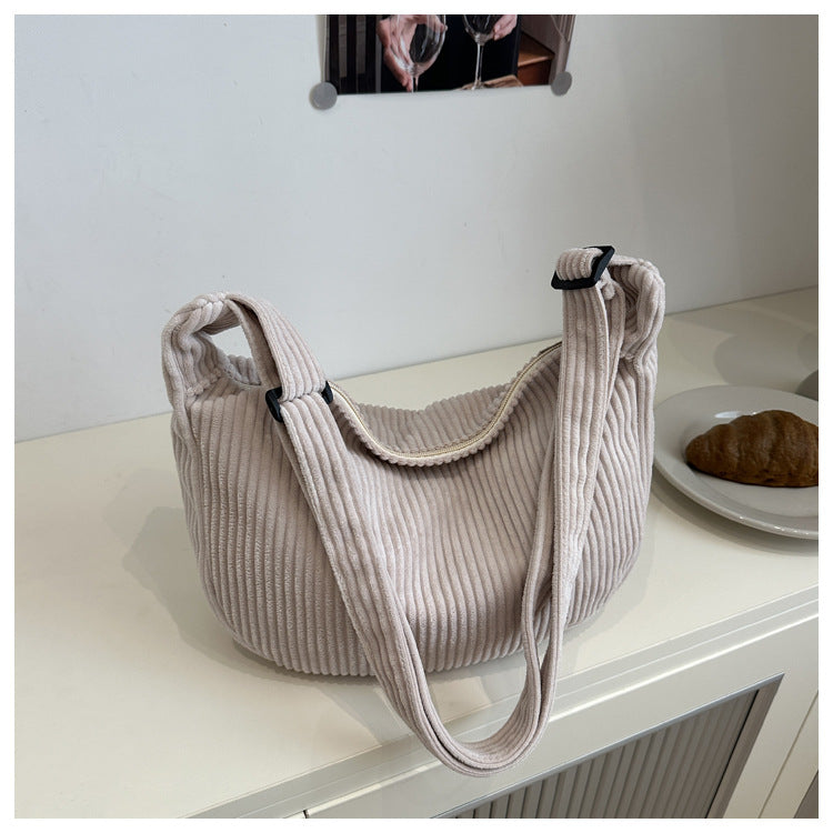 Romantic Crescent Shoulder Bag – Large Capacity Japanese Style Corduroy Minimalist Tote for Women