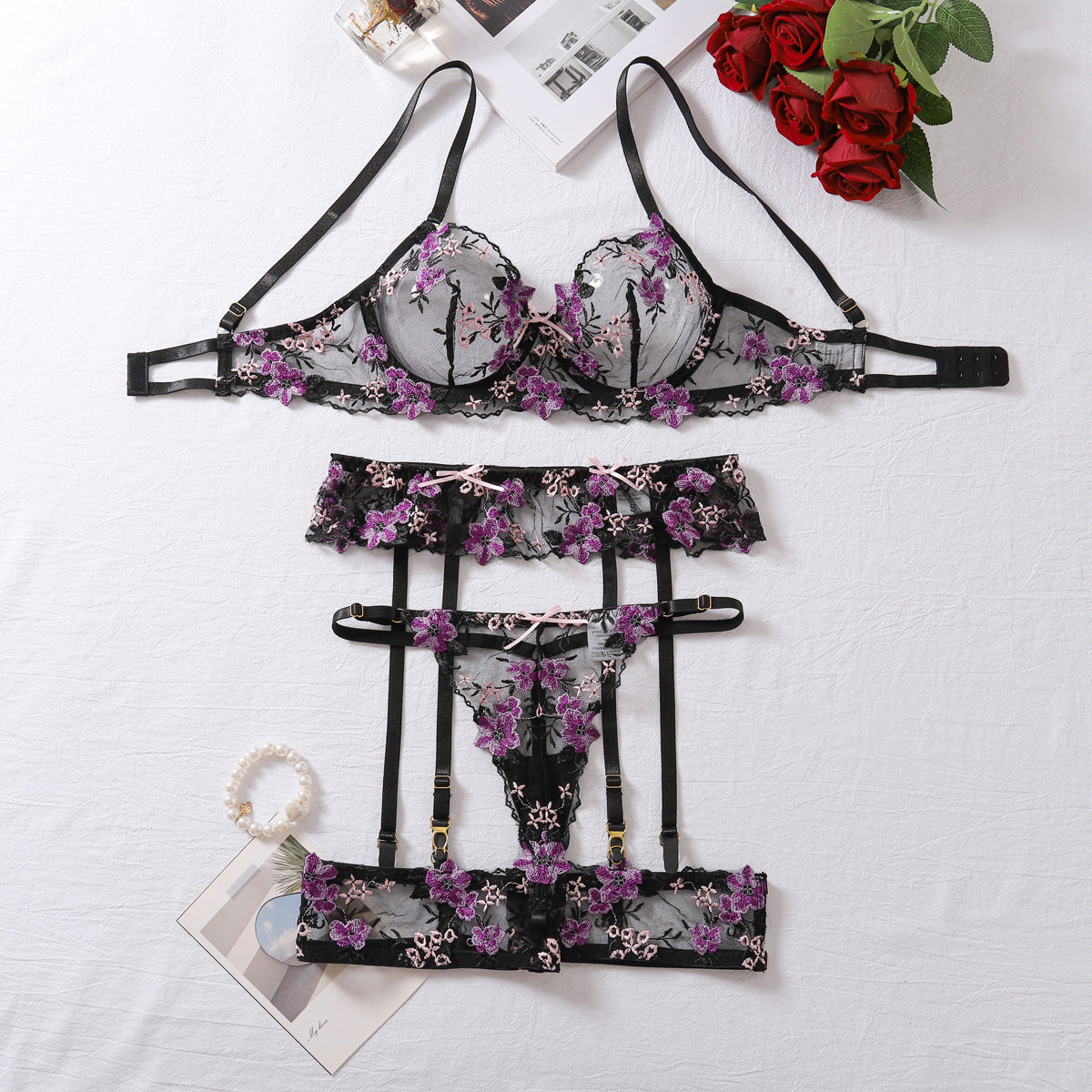 Purple Sexy Lace Embroidered Bra Collar Bra Underwear Set - La Charlottes