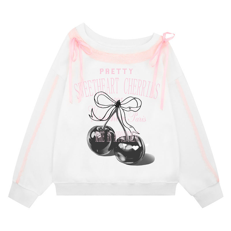 Print Pink Wide Collar Sweatshirt Loose Student Autumn Shirt