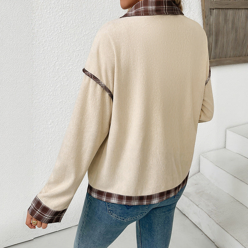 Flip collar plaid corduroy patchwork Jacket - La Charlottes