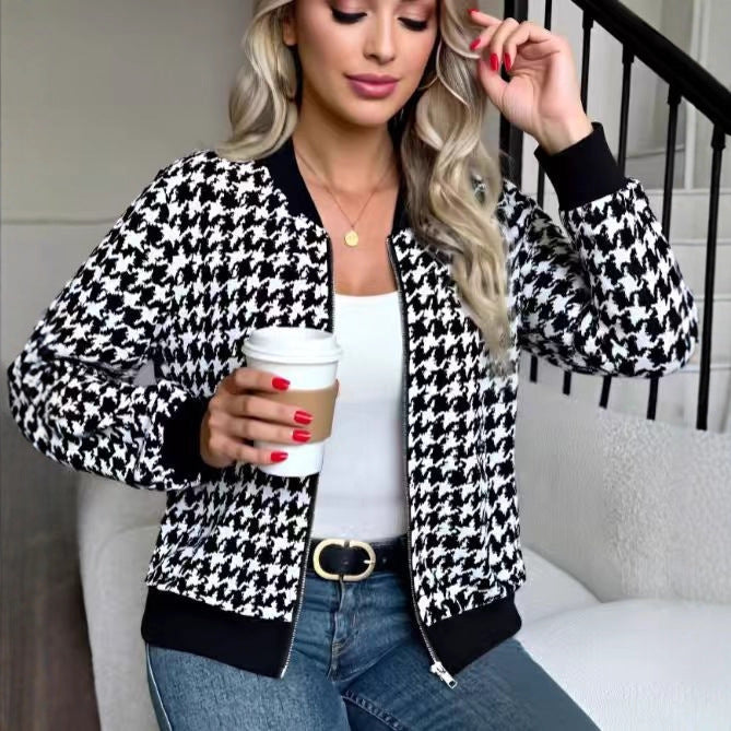 Women’s Long Sleeve Plaid Baseball Jacket