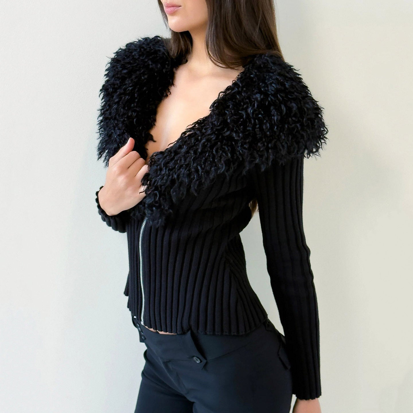 Zipper V-Neck Fur Collar Sweater Jacket