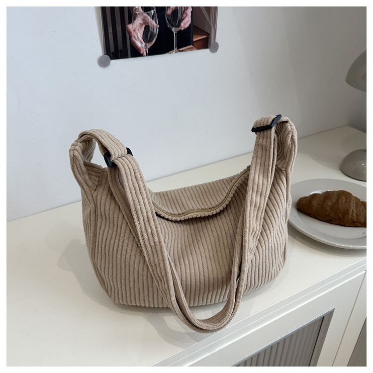 Romantic Crescent Shoulder Bag – Large Capacity Japanese Style Corduroy Minimalist Tote for Women