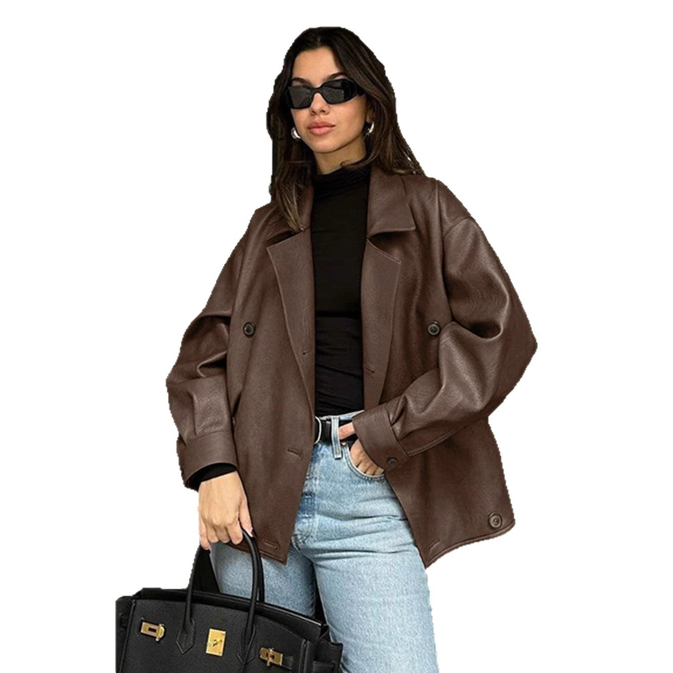 Loose Suit Collar Leather Mid-Length Jacket