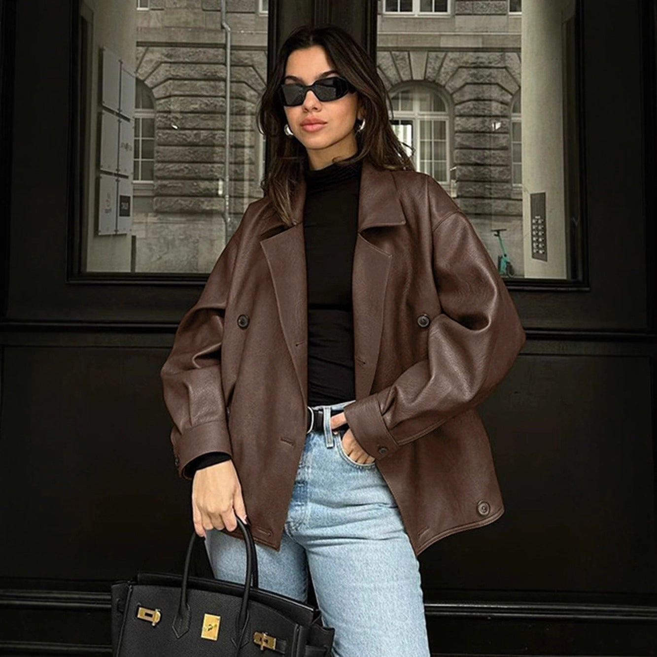 Loose Suit Collar Leather Mid-Length Jacket