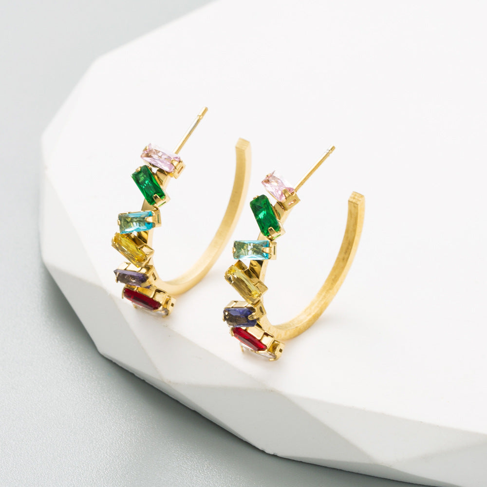 Fashionable Titanium Steel Zirconia C-Hoops | Colorfast Senior Sense Niche Earrings