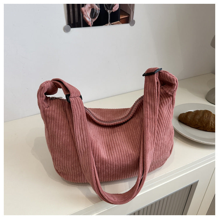 Romantic Crescent Shoulder Bag – Large Capacity Japanese Style Corduroy Minimalist Tote for Women