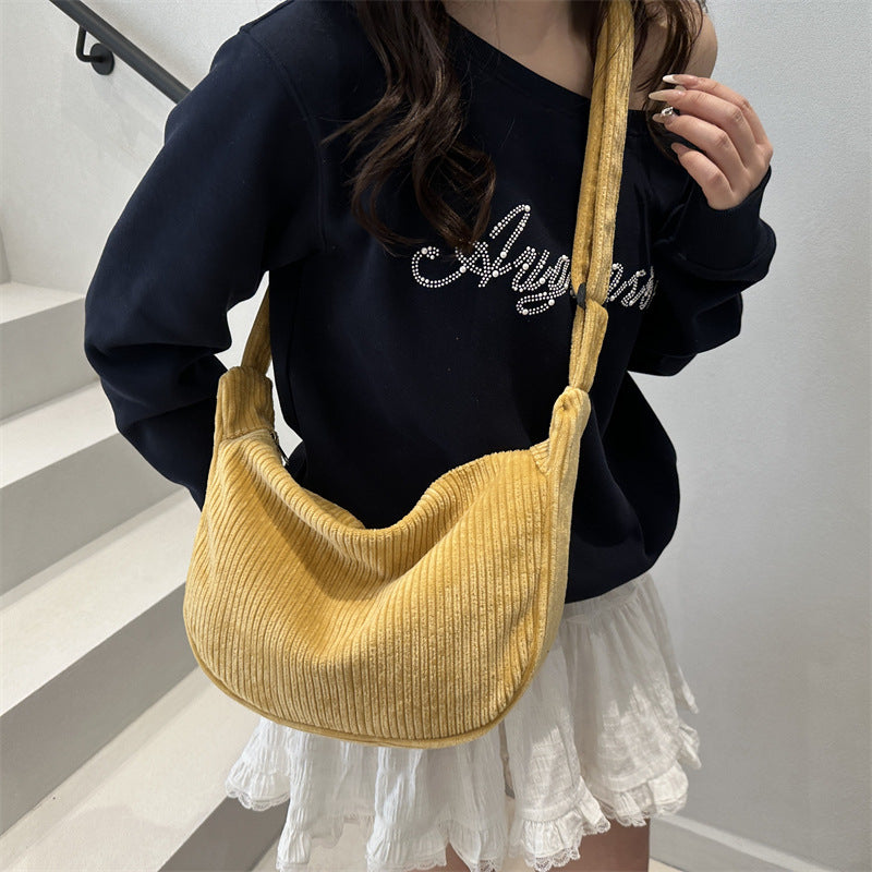 Romantic Crescent Shoulder Bag – Large Capacity Japanese Style Corduroy Minimalist Tote for Women