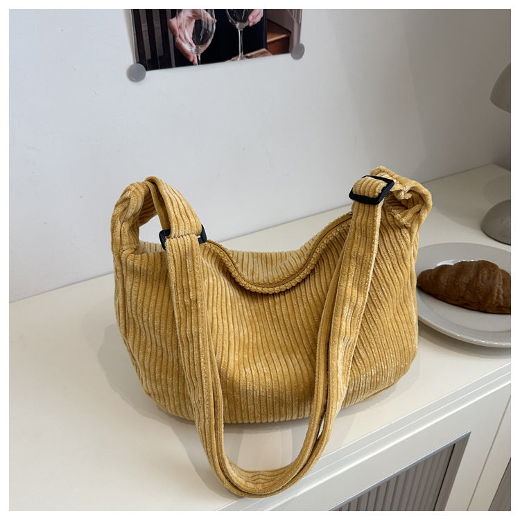 Romantic Crescent Shoulder Bag – Large Capacity Japanese Style Corduroy Minimalist Tote for Women