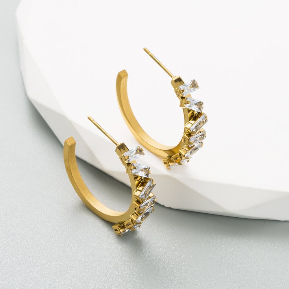 Fashionable Titanium Steel Zirconia C-Hoops | Colorfast Senior Sense Niche Earrings