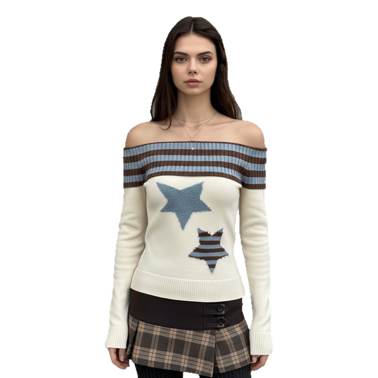 One Shoulder Striped Star Patch Sweater