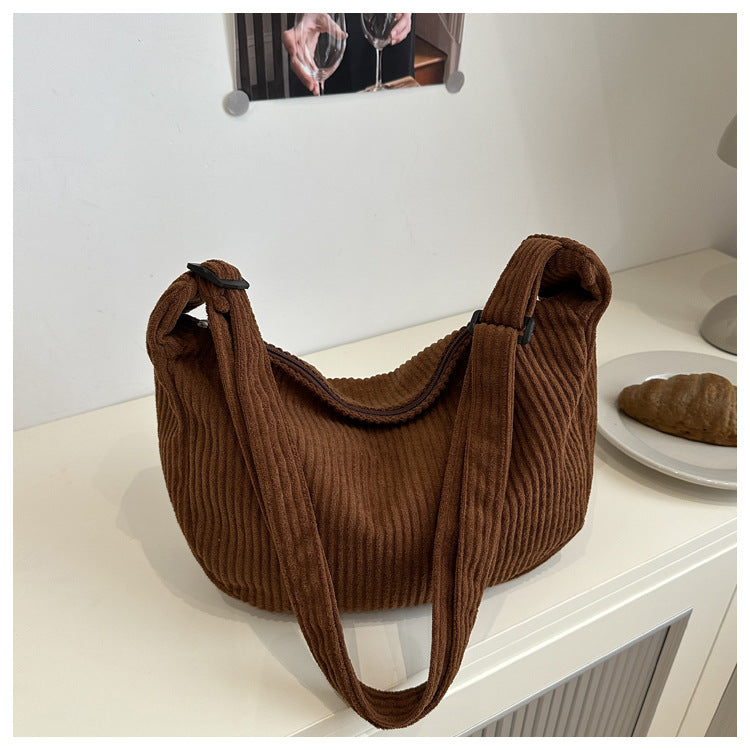 Romantic Crescent Shoulder Bag – Large Capacity Japanese Style Corduroy Minimalist Tote for Women