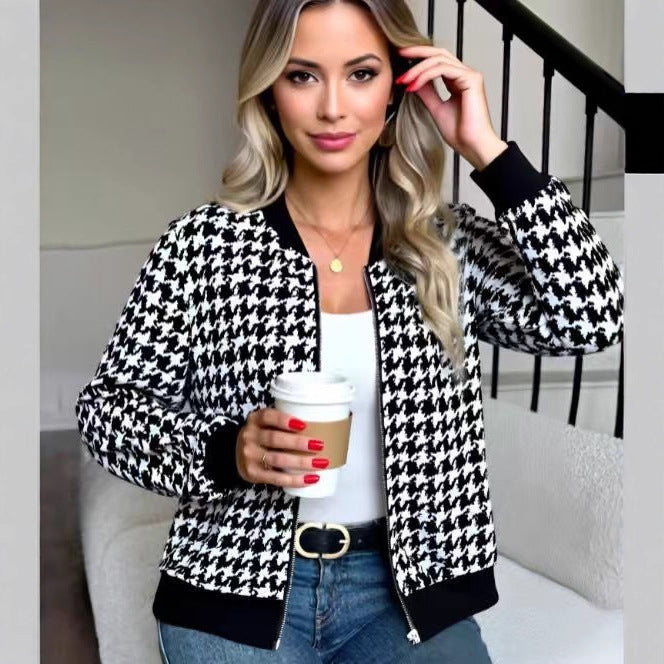 Women’s Long Sleeve Plaid Baseball Jacket