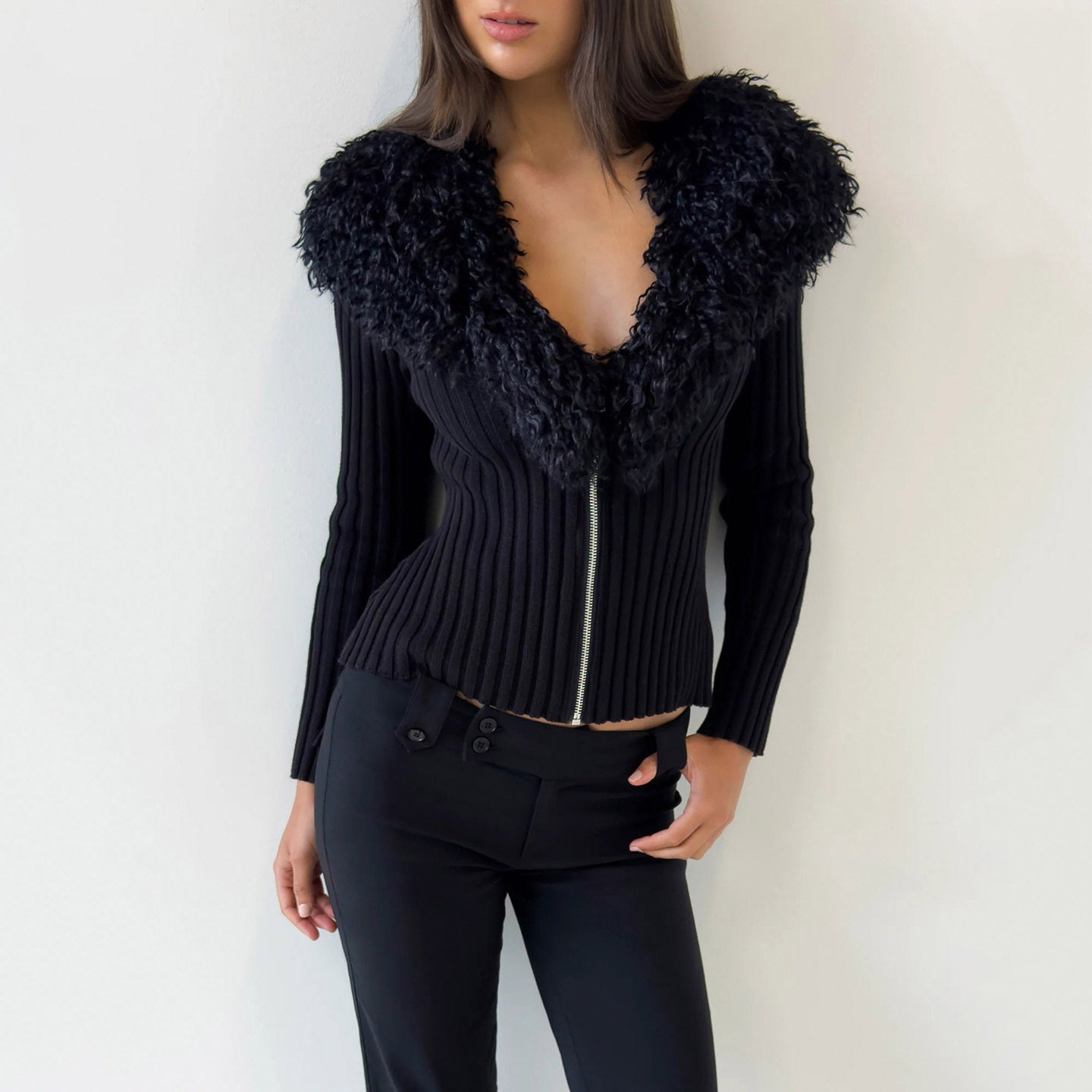 Zipper V-Neck Fur Collar Sweater Jacket