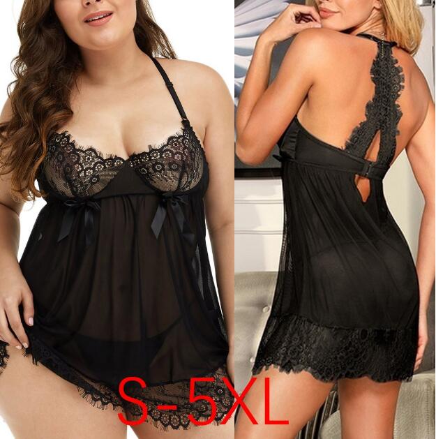 Luxury Black Silk Lace Nightdress – Sexy Suspender Skirt Lingerie, Plus Size Women’s Nightwear