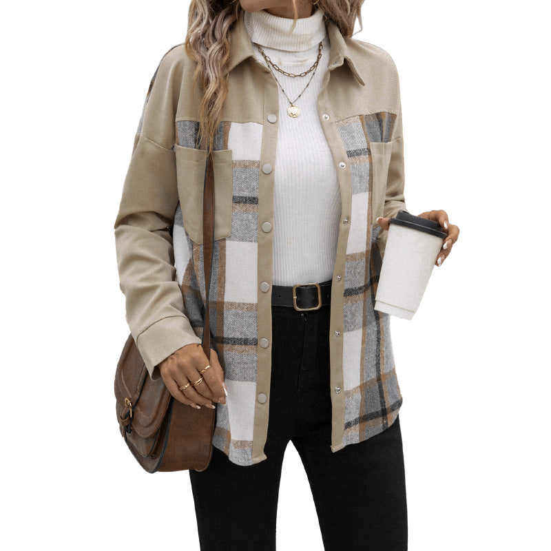 Collar Pocket Checkered Shirt-Style Khaki Jacket