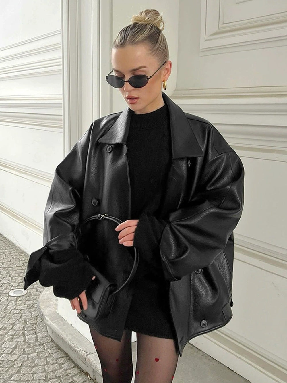 Loose Suit Collar Leather Mid-Length Jacket