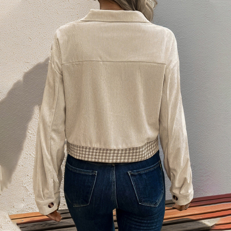 Flip Collar Short Corduroy Patchwork Houndstooth Jacket