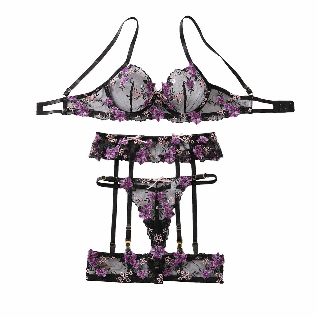 Purple Sexy Lace Embroidered Bra Collar Bra Underwear Set - La Charlottes