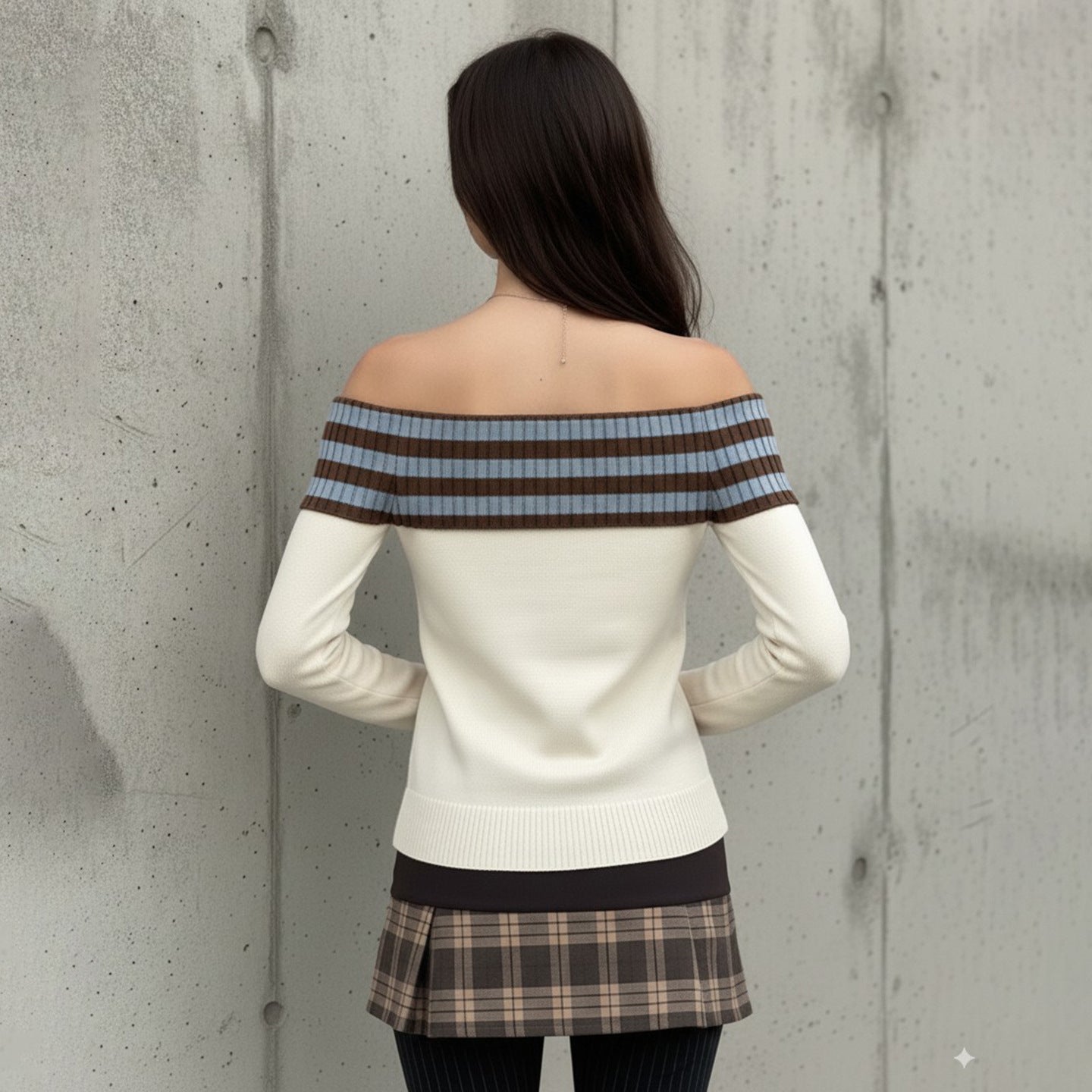 One Shoulder Striped Star Patch Sweater