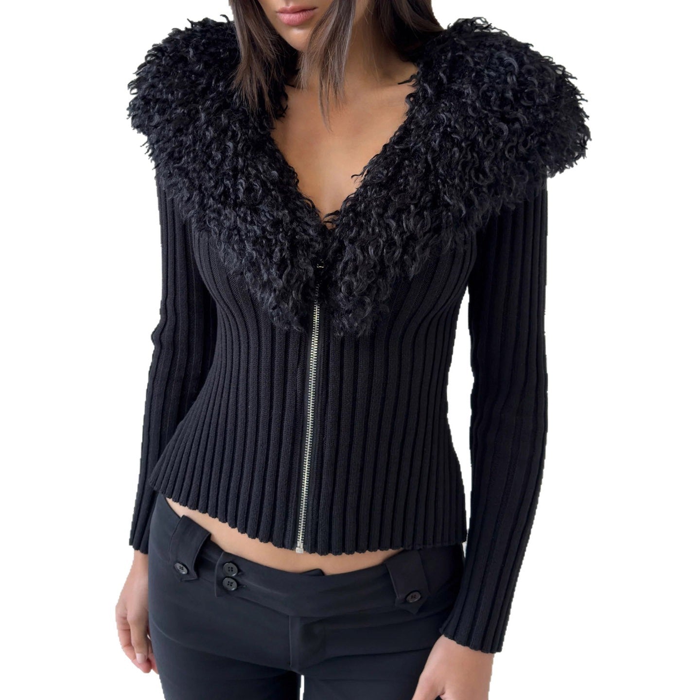 Zipper V-Neck Fur Collar Sweater Jacket