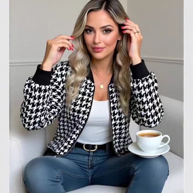 Women’s Long Sleeve Plaid Baseball Jacket