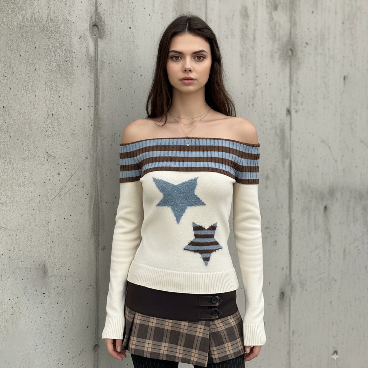 One Shoulder Striped Star Patch Sweater