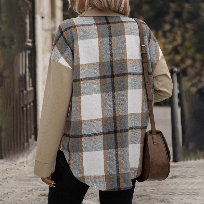 Collar Pocket Checkered Shirt-Style Khaki Jacket