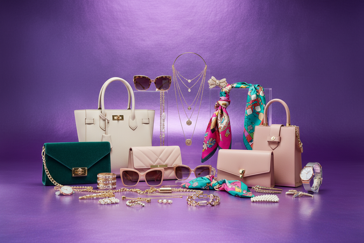 mix and match women's acceocires wiht purple shinng back ground