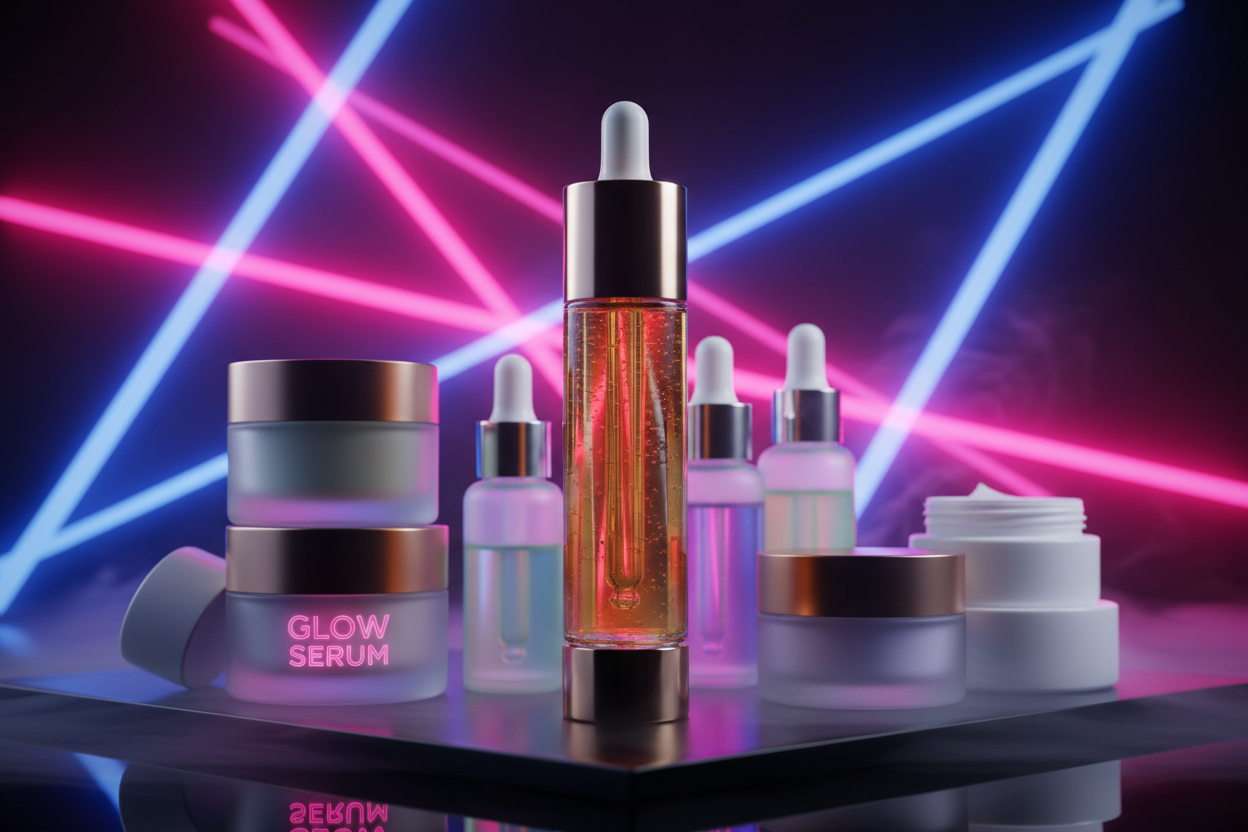 skin care cyrum with multiple items in neon background