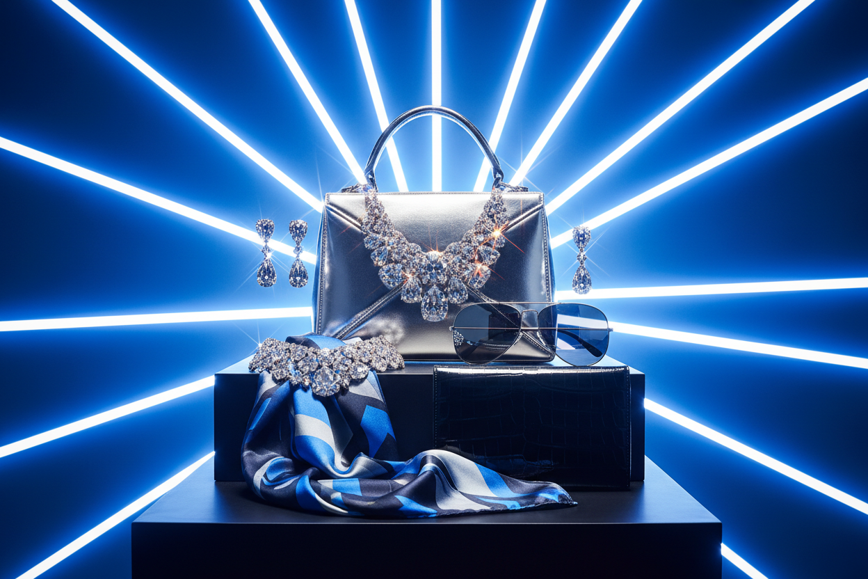 woemen acceories in blue neon backgorund whih extra shining