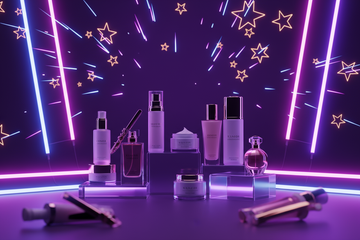 women essintials product in purple neon background wiht star